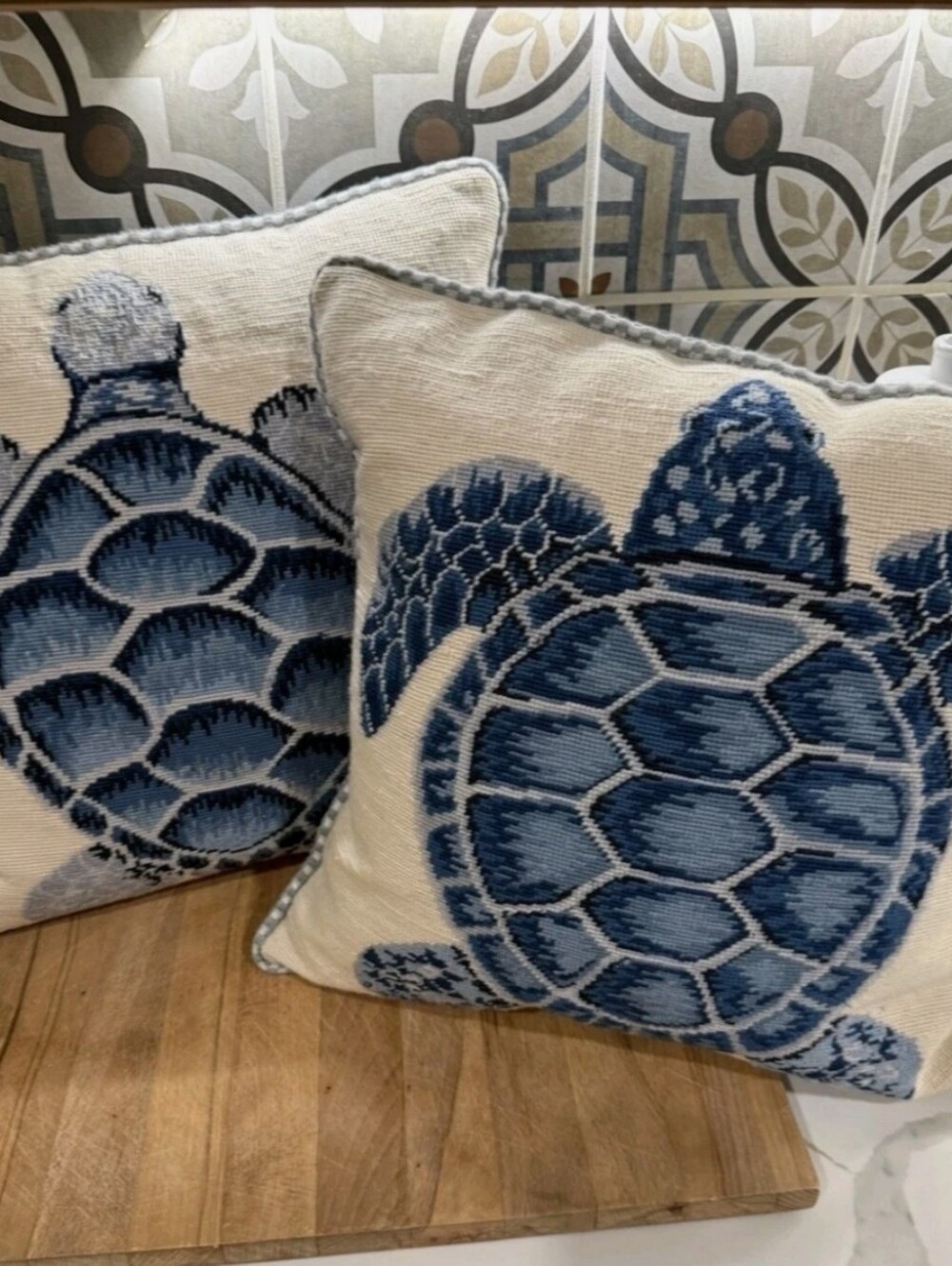 Wool Needlepoint Pillow Cover Ocean Light Blue Sea Turtle Beach House 21x21" NWT